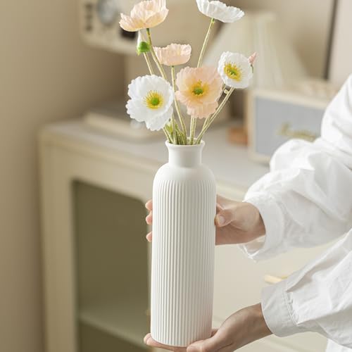 Modern Ceramic Vase Set, White Ribbed Matte Design, 3-Piece Decorative Vases for Home, Living Room, Office (White) - color: White
