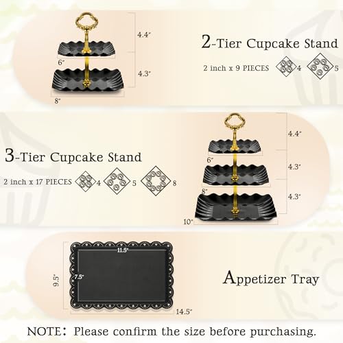 NWK 5 Piece Cake Stand Set with 2 x 3-Tier Cupcake Stands, 1 x2-Tier Cupcake Stands, 2 x Appetizer Trays, for Wedding Birthday Baby Shower Tea Party Decorations (Black) - color: Black