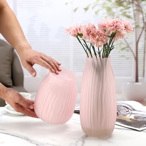 Large Ribbed Glass Vase 8in Frosted Pink Elegant Decorative Vases for Home Flowers Arrangements, Centerpieces, and Modern Décor - color: Frosted Pink, size: H-8.0IN