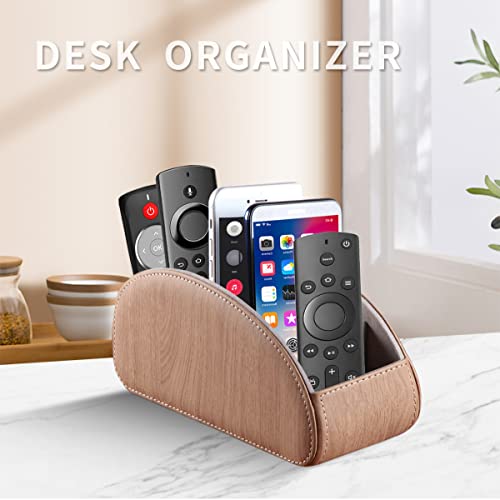 All-in-One Leather TV Remote Control Holder with 5 Compartments Nightstand Desktop Air Conditioner Media Player Remote Caddy Storage Box Organizer Tray For Makeup Brush Pen Stationary Table Controller - color: Khaki, size: Large