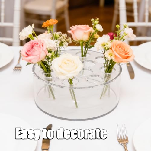 2 Pack Acrylic Clear Flower Vase, Round Centerpiece Vases 12 Holes Flower Vase, Low Holder with Holes for Home/Birthday Party/Dining Table Decorations