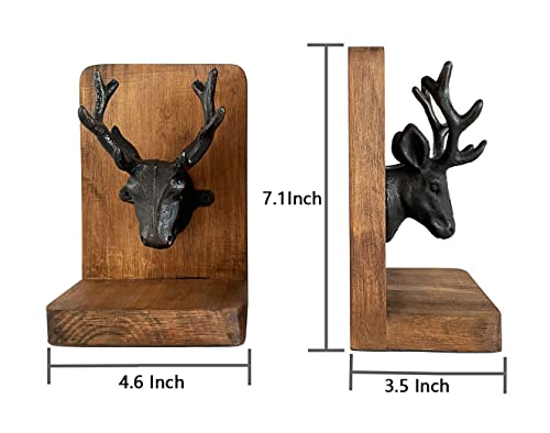 Vintage Cast Iron Deer Head & Antlers Design Decorative Elk Bookends for Shelves, Buck Book Holders, Reindeer Book Organizer, L-Shaped Wooden Desk Organizer, Heavy Duty Non-Skid Bookends (1 Pair) - color: Rustic Burnt