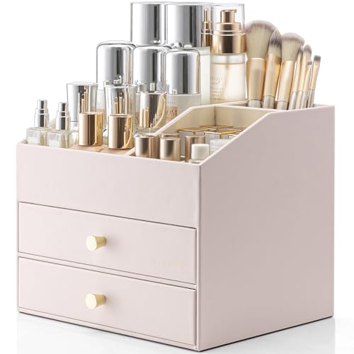 Vlando Makeup Organizer,Skincare Organizer for Vanity，PU Leather Make up Organizer with Drawers Cosmetic Display Case for Countertop,Perfume,Gifts Ideas for Women (Apricot White) - color: 3 layers-Apricot White