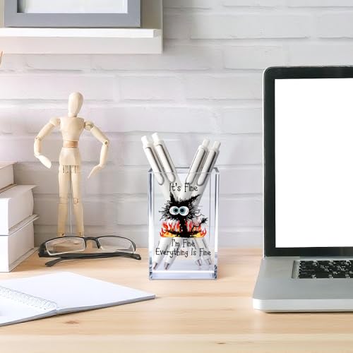 It's Fine I'm Fine Acrylic Cosmetic Pencil Pen Holder Cup, Funny Black Cat Pen Holder Cup, Cat Lover Gift for Women Men, Office Sarcastic Gifts for Women Men Colleague Boss - style: It's Fine