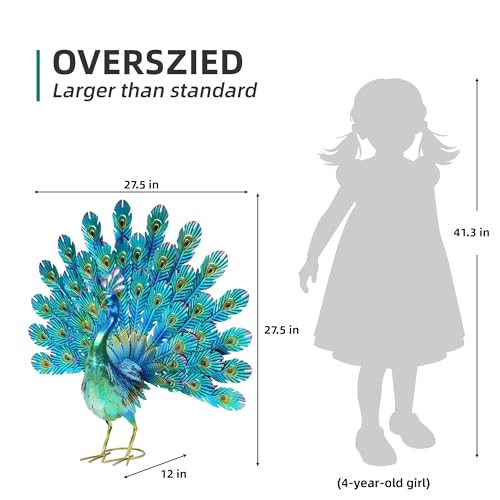 27.5" Metal Peacock Garden Statue with Tail Spread, Handmade 3D Textured Peacock Garden Sculptures Metal Yard Art for Patio, Garden or Entryway - color: 27.5"h-glossy Green Peacock