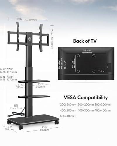 FITUEYES Rolling TV Stand with Power Outlets, Swivel Portable TV Stand for 32-70 Inch LCD LED OLED Flat/Curved Panel Screen TVs, Height Adjustable&Wood Base, Mobile TV Cart with 2 Shelves, Black - color: Black, style: With Wheels & Power Strip