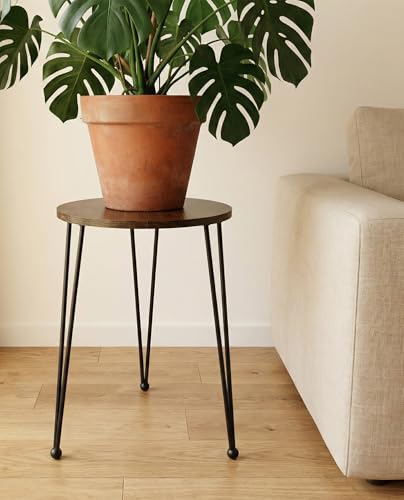 17 Inch Tall Metal Plant Stand Indoor,Heavy Duty Flower Pot Holder with 11.5 Inch Modern Round Board Table,Sturdy Metal Tripod Design Side Table,Matte Black - color: Walnut