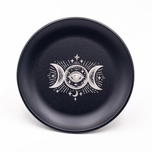 5.5inch Altar Ritual Plate Dish Stainless Steel Flat Bowl Round Metal Jewelry Tray Astrology Tarot Plate Ring Trinket Holder for Smudging Decoration Trays (Triple Moon Black) - color: Triple Moon Black