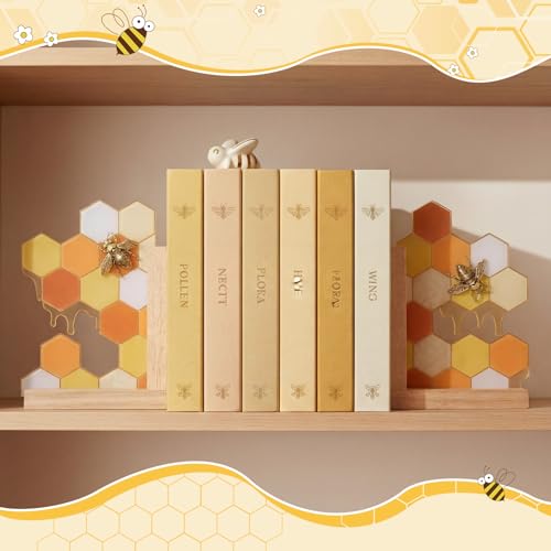 1 Pair Honeycomb Bookends Decorative Wooden Book Ends for Shelves Bookshelf Modern Honey Bookend Stoppers Holder for Office Home Desk Book Lover Gift 9.5 x 6 x 3.5 Inches