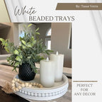 Tasse Verre White Beaded Decorative Tray Set (2-Pack) - 11.5 inch & 13 Inch - Round Rustic Decor Wooden Serving, Distressed Farmhouse Design Centerpiece for Coffee Table, Ottoman, Kitchen & Home
