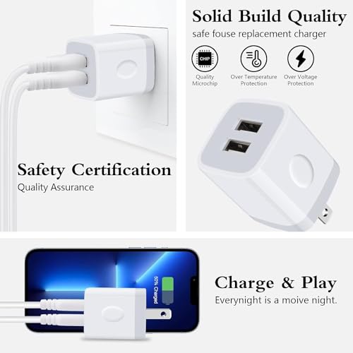 Wall Charger,USB Brick 3Pack 2.1A/5V Dual Port USB Plug Charger Cube Power Adapter Fast Charging Block for iPhone 17 16e 16 15 14 13 12 Pro Max 8 7 6 Plus 5S,iPad,Samsung Galaxy S8 S7 S6,Android Phone - color: White