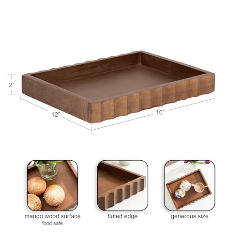 Kate and Laurel Lissi Decorative Rectangle Tray with Wavy Design; 16 x 12; Walnut Brown; Mid-Century Modern Scalloped Serving Tray for Coffee Table Ottoman; Dining Table; or Entryway Catch-All Tray - color: Walnut Brown