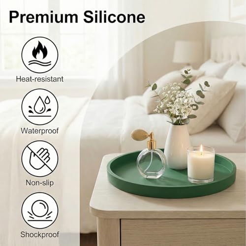 Round Green Silicone Decorative Bathroom Vanity Tray 9 Inch, Counter Tray for Bathroom Countertop Perfume Holder Dresser Organizer Coffee Table Candle, Non-Slip Durable for Home Use - color: Green, size: 9.06