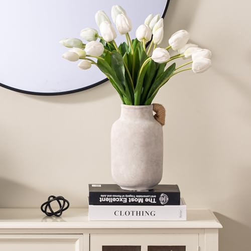 Ceramic Flower Vase Home Decor - Tall Large White Rustic Table Flowers Vases with Handle Living Room Bedroom Plant Decor Farmhouse for Kitchen Shelf Office Coffee Dining Desk (10.6" with Jute Rope) - color: 04-with Hemp Rope-10.6" Plus