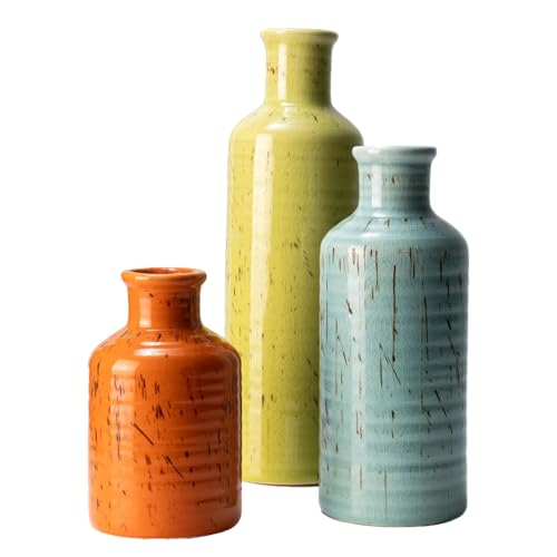 Vintage Ceramic Flower Vase Set of 3, Rustic Farmhouse Vase for Home Decor, Distressed Decorative Vase for Table Entryway Mantel Centerpiece Living Room Bathroom Bedroom (Multicolor) - color: 114-multicolor