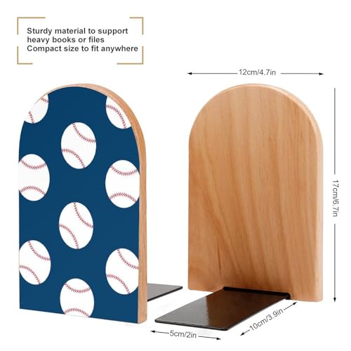 Wooden Bookends 2 Pcs,Baseball Pattern Heavy Duty Office Book Ends Anti Slip Book Shelf Holder with Metal Base Decorative Book Stands - color: Baseball Pattern