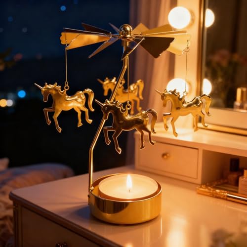 Self Rotating Candlestick Holder, Metal Tea Light Holders Automatic Rotating, Romantic Aroma Tea Candle Round Holder, Unicorn, Snowflower, Kids, Leather Candle Holder Home Decor (Horse) - color: Horse