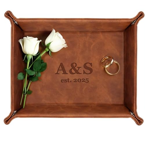 Personalized Engraved Leather Valet Tray with Custom Text, Engraved Gift for Couples – Custom Leather Catchall Organizer for Men & Women Wedding - style: Couple