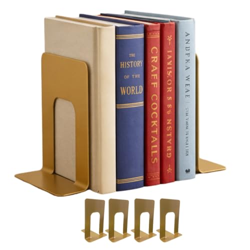 Alessk Dark Matte Gold Metal Bookends for Shelves – Heavy Duty Decorative Bookends for Heavy Books – Modern Book Ends for Office Bookshelf- has 3 Non-Slip Pads at the Bottom – 2Pairs (4 Pieces) - color: Gold