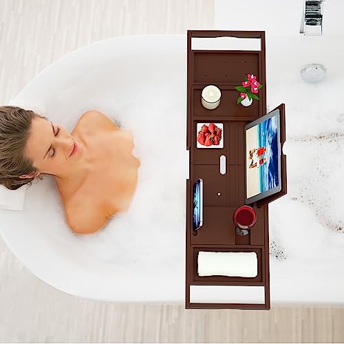 Premium Bamboo Bathtub Caddy Tray - Bath Tray - Bath Tub Tray Table for Bathtub - Expandable Size, Fits Most Bath Tubs - Brown - color: Brown