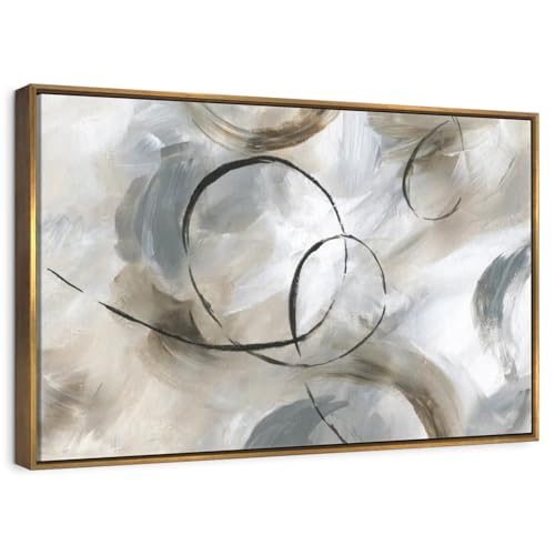 ElephantStock - Allegro Wall Art - Horizontal Floating Framed Canvas - Living Room Wall Decor - Painting Strokes And Lines Framed Canvas Art - Gray And Brown Decor by Nan - 13" x 9" - color: Floating Frame Gold, size: 12"L x 8"W