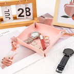 SANQIANWAN PU Leather Arc Edge Jewelry Valet Tray for Man and Women, Portable Mini Entryway Table Tray Bedside Nightstand Desk Tray Small Travel Dish Plate for Key,Wallet,Watch,Coin (Pink) - color: Pink