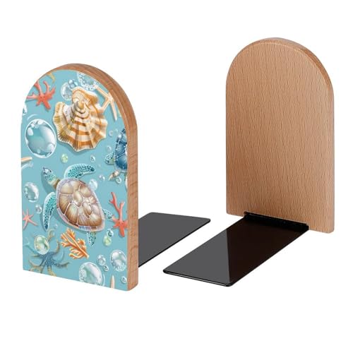 Turtle Conch Pattern Book Ends Decorative Wood Bookends for Shelves Kids Room Desk Home Office Book Stoppers for Books, DVDs, 1 Pair/2 Pieces(5x3.1 in) - color: Turtle Conch Pattern