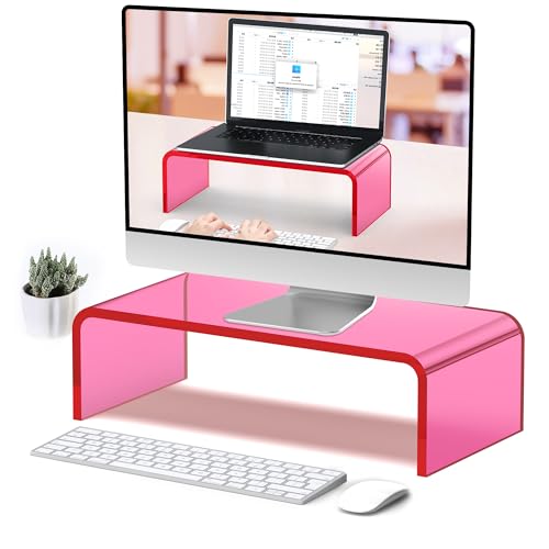Acrylic Monitor Stand Riser Acrylic Laptop Stand for Desk Clear Computer Monitor Stand for Desk Accessories iMac Organizer Office Must-Haves Product for Working from Home Bright Pink - style: 15''-Pink