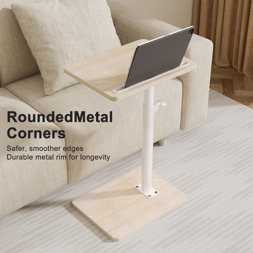 YUHFERA Sofa Armrest Tray Table for Couch - 360 Swivel Height Adjustable End Table for Small Spaces, Snack Side Table for Bed or Chair with Phone & Tablet Slot (Oak, Standard) - color: Fair, size: Standard
