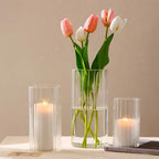 PHOSPHOR 6 PCS Ribbed Glass Candle Holder, Cylinder Candle Holders for Pillar Candles, Clear Glass Hurricane Candle Holders 6'', 8'', 10'' Glass Cylinder Centerpieces Vases - color: Striped Glass 6 Pcs