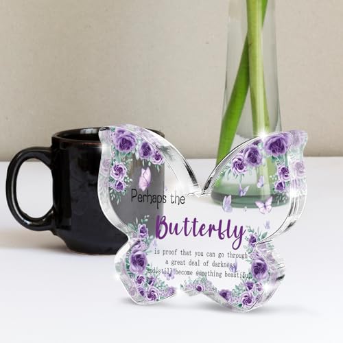 Butterfly Proof Acrylic Sign - Purple Butterfly Acrylic Decor, Mental Health Affirmation for Office/Desk, Darkness to Beauty Inspiration Gift for Women 4.7x3.2 Inch - color: Purple 44