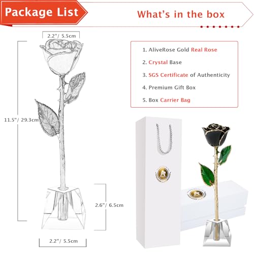 AliveRose Anniversary Day Gift for Girlfriend Roses, Unique Design Gold Plated Rose for Anniversary Valentines Mothers Day Birthday Gifts (Balck Handmade with Crystal Vase) - color: A8. Black Handmade Rose White Crystal Vase