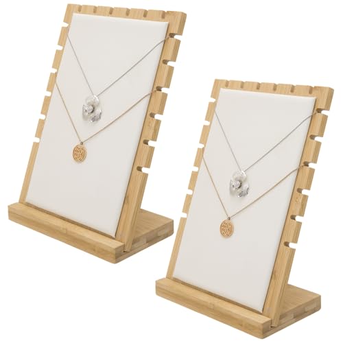 MyGift necklace display standMyGift 2-Pack Bamboo Jewelry Display Stands with PU Panel & Multi-Rung Design – Detachable Bases, Non-Scratch Surface jewelry display for vendors, - color: White