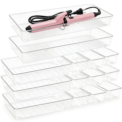 14 Pcs Clear Plastic Drawer Organizer Tray with 2 Pcs 15"x6" Extra Large Trays, Multi-Purpose Storage Bins for Vanity, Makeup, Kitchen Utensils, Bathroom, Office Desk, Auto Tools & Craft Supplies