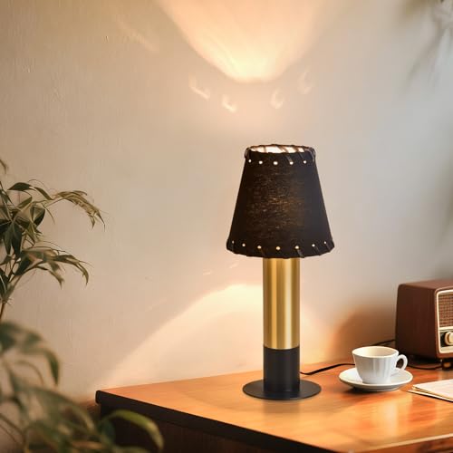 Black and Gold Table Lamp, small table lamp for bedroom, Modern Mini Nightstand Lamp with Fabric Shade, Cute Desk Lamp for Small Spaces for Kitchen Counter, Bookshelf, Living Room, Kids Dorm