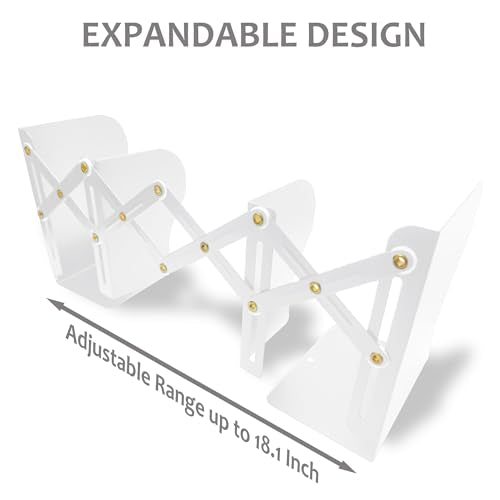 Metal Bookends, Book Ends for Heavy Books, Adjustable Book Holder for Shelves, Book Stopper for Home/School/Office, Extends up to 19 inches, White - color: White-new