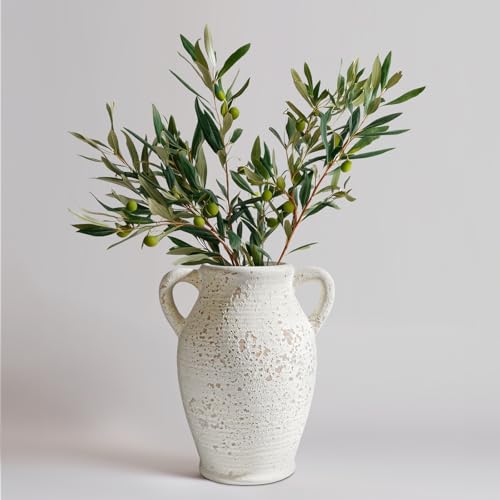 Sunddo Rustic Ceramic Flower Vase with 2 Handles, Textured Farmhouse Vase, White Modern Decorative Vases, Living Room, Shelf, Mantle, Entryway, Fireplace Decor - color: White - 8, size: 8 Inch