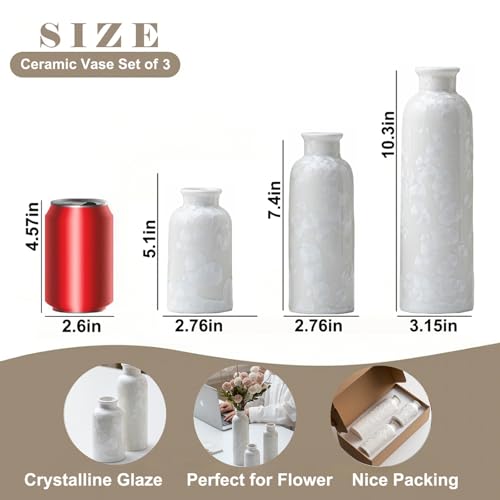 Modern Ceramic Vase Set of 3, White Crystalline Glaze Colors, Decorative Bottles for Home, Farmhouse Rustic Decor Housewarming Gifts, Wedding Gifts, Birthday Gifts for Women(Crystalline Glaze White) - color: Crystalline Glaze White