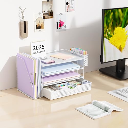 gianotter Wood Desk Organizers and Accessories with File Holder, 4-Tier Desk Accessories & Workspace Organizers with Drawer and Pen Holder, Paper Organizer for Office Supplies (White) - color: White