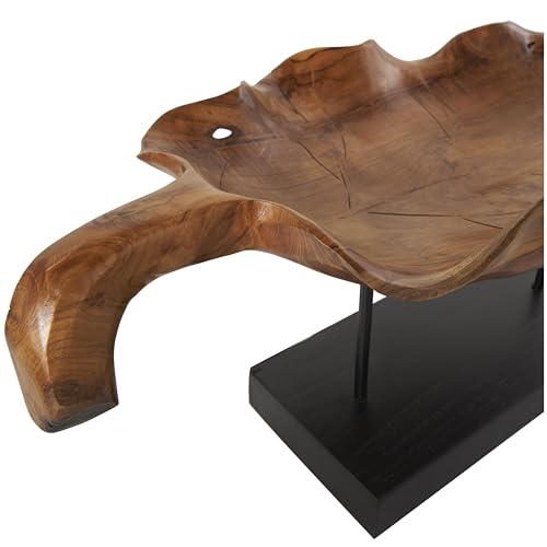 Deco 79 Teak Wood Leaf Decorative Sculpture Floating Home Decor Statue with Black Stand and Base, Accent Figurine 21" x 11" x 10", Brown