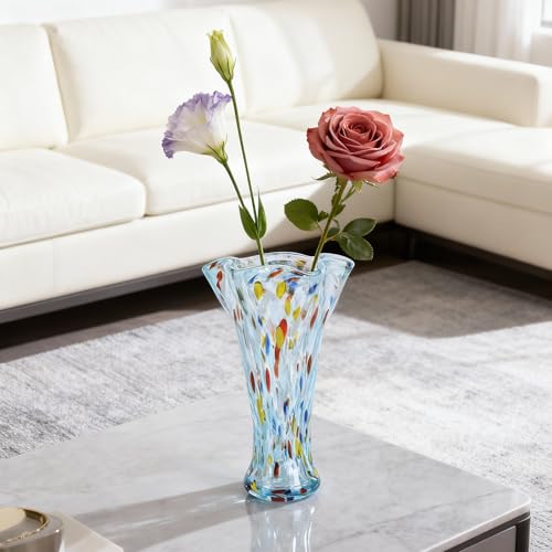 9.1H Murano Hand Blown Glass Vase, Ruffled Scalloped Rim Trumpet Shape, Wide Mouth Colorful Decorative Glass Vase, Sculptural Art Centerpiece for Living Room Table, Bathroom, Office Shelf (Blue-Red) - color: Blue-red