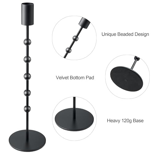 Black Candlestick Holders, Beaded Metal Taper Candle Stick Holders, Set of 3 Candle Holder for Fall Decorations, Tapered Candle Holders, Thanksgiving Table Centerpiece, Halloween Gothic Decor - color: Black