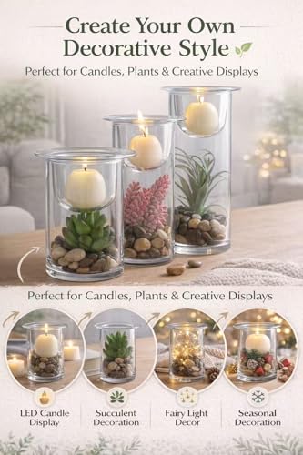KMwares Glass Cylinder Candle Holders Set of 3 with Artificial Succulent and Decorative Stones, Hurricane Candle Holder Centerpiece for Table, Wedding, Bathroom and Home Decor (Candles Not Included)