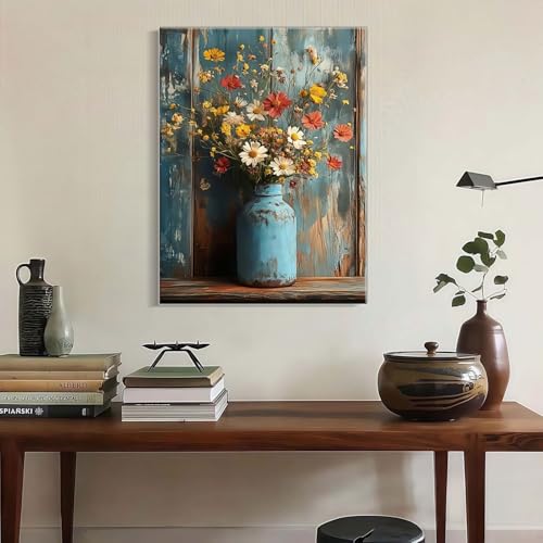 Framed Oil Painting Style Print Antique Metal Vase Wildflowers Pattern Background Rustic Vintage Floral Art Farmhouse Decor Rustic Wall Art Floral Mural Home Decor Gallery Poster 12x16 Inch - color: Light blue yellow, size: 12"x16"
