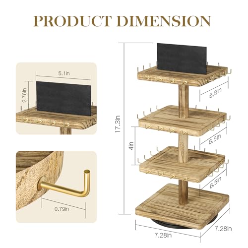 LadyRosian 3-Tier Wooden Rotating Jewelry Display Stand | Bracelet & Keychain Organizer with Advertising Board | 48 Hooks Rustic Holder for Vendor Booth & Stores (3-Tier Square Slot Display) - color: 3-Tier Square Slot Display