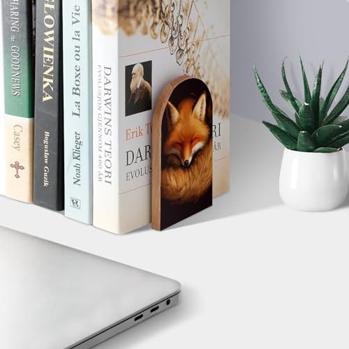 Red Fox Sleeping Book Ends Decorative Wood Bookends for Shelves Kids Room Desk Home Office Book Stoppers for Magazines,Books, DVDs, 1 Pair/2 Pieces(5x3.1 in)