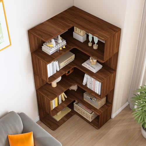 IOTXY 6-Tier L-Shaped Corner Bookshelf - 66" Tall Wooden Freestanding Bookcase with Open Shelf Units, Walnut - color: Walnut