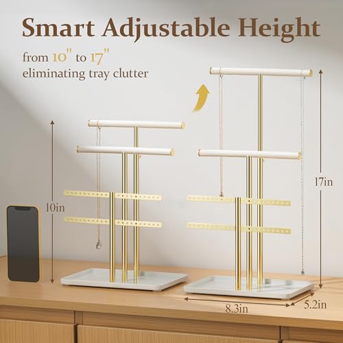 pickpiff Jewelry Holder Organizer with Velvet, Adjustable 10"-17" Tall, Metal Stand for Display Bracelet, Necklace, Earrings, Rings, White and Gold - color: Gold and White