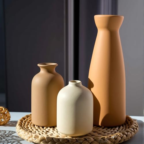 Ceramic Small Vase Set of 3,Modern Boho Farmhouse Home Decor,Pampas Grass Vase,Minimalist Decor,for Entryway Table,Bookshelf,Living Room, Bedroom,Kitchen,Coffee Table Decoration - color: Coffee Mix
