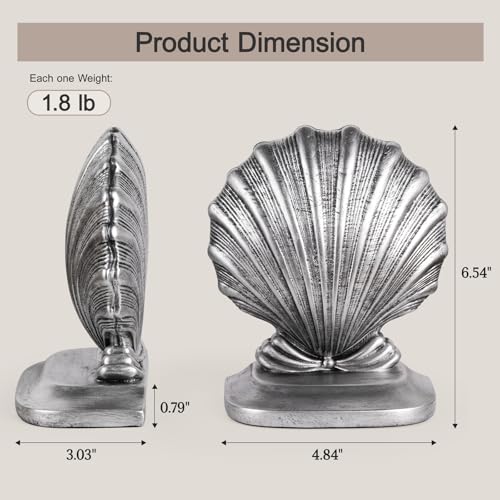 Decorative Shell Bookends, Coastal Nautical Book Ends for Shelves Desk, Resin Seashell Book Ends for Home Office Living Room Beach Decor (Silver)